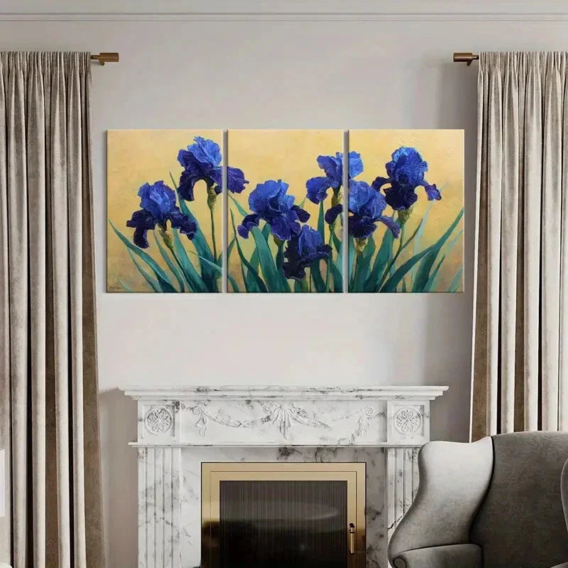 3pcs Blue Iris Flowers Abstract Art Poster Metal Print Ready to Hang Art