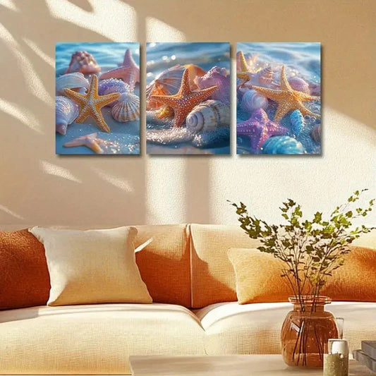 3pcs Colorful Seashell & Starfish Beach Scene Metal Print Ready to Hang Art