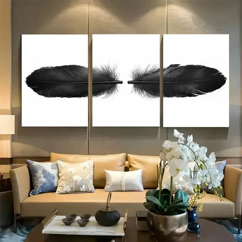 3pcs Black Feather Boho Minimalist Design Metal Print Ready to Hang Art