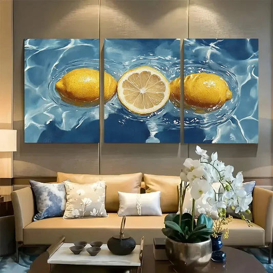 3pcs Lemons Floating In Swimming Pool Metal Print Ready to Hang Art