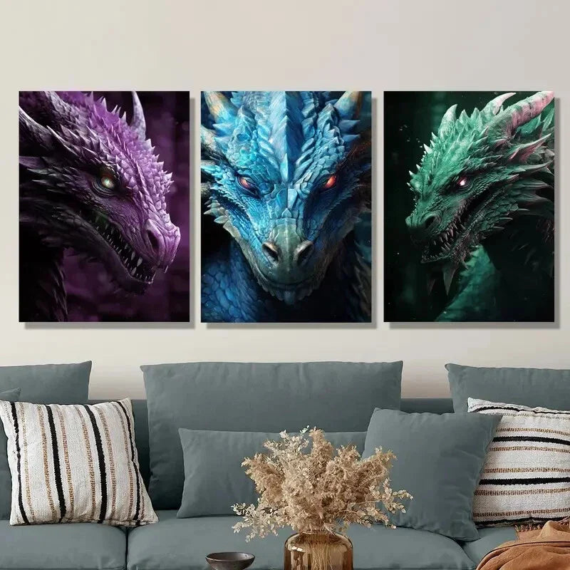 3pcs Vibrant Dragon Portraits in Purple, Blue Metal Print Ready to Hang Art