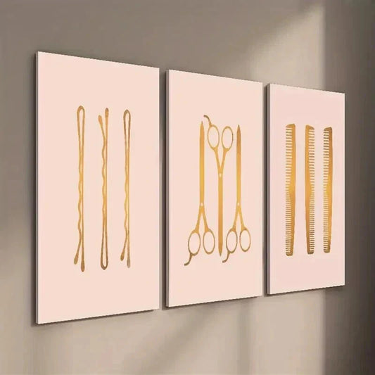 3pcs Hair Salon Hairpin Scissors Comb Wall Art Set Canvas Framed 40x60cm - High Quality Print 100% Australian Made Wall Canvas Ready to Hang