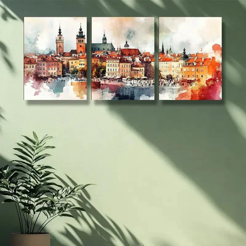 3pcs Watercolor Painting of Warsaw, Poland Metal Print Ready to Hang Art