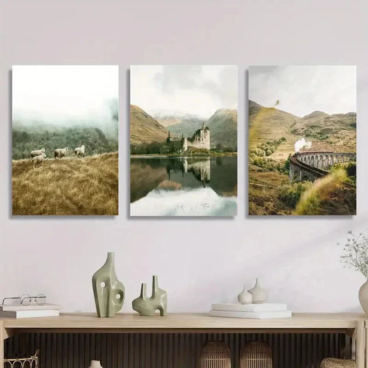 3pcs Scottish Highlands, rural landscape Metal Print Ready to Hang Art