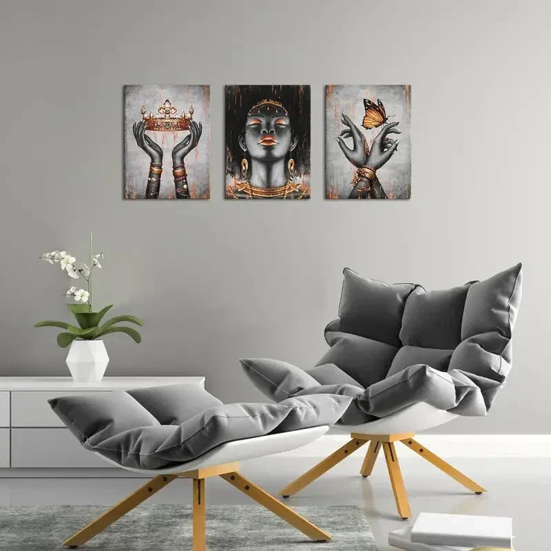 3pcs Orange and Portrait Fashion Black Girl Metal Print Ready to Hang Art