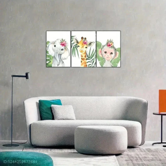 3pcs Artistic Display Wild Animal Cubs Plants Metal Print Ready to Hang Art