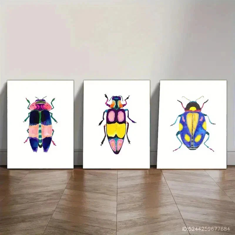3pcs Colorful Insect Art Bright and Bold Style Metal Print Ready to Hang Art