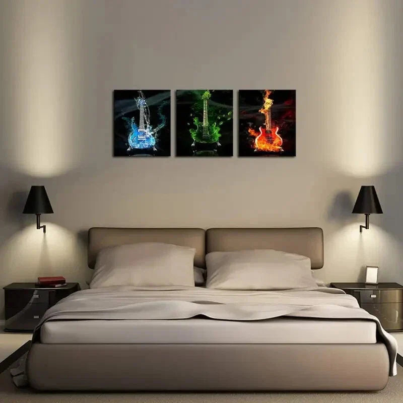 3pcs Red & Green & Blue Guit ar Painting Metal Print Ready to Hang Art