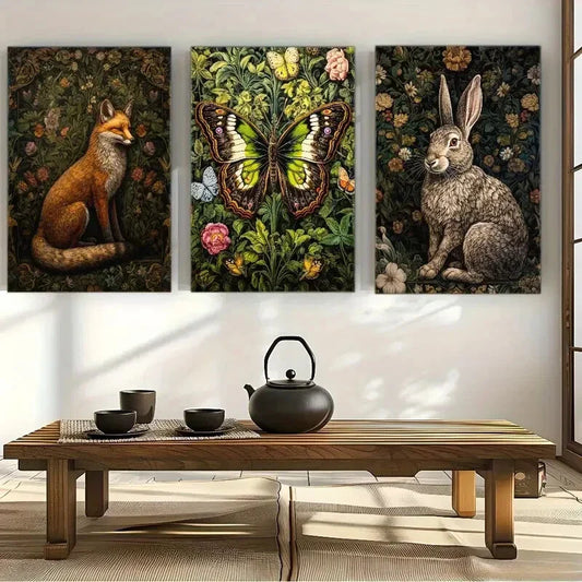 3pcs Fox Butterfly & Rabbit Designs with Floral Metal Print Ready to Hang Art