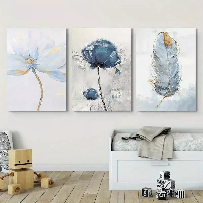 3pcs Blue Flower Canvas Framed 40x60cm - High Quality Print 100% Australian Made Wall Canvas Ready to Hang