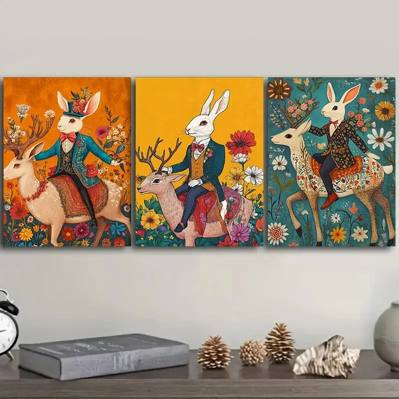 3pcs Mr. Rabbit, Floral Background Wall Art Set Canvas Framed 40x60cm - High Quality Print 100% Australian Made Wall Canvas Ready to Hang