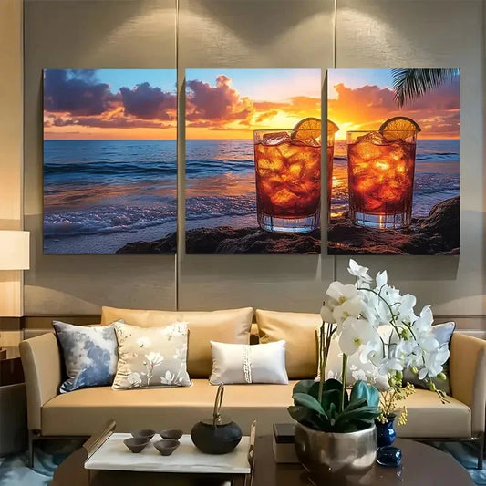 3pcs Island Beach Cocktails Over Sunset Metal Print Ready to Hang Art