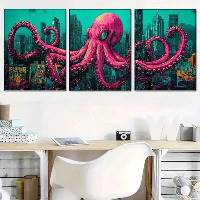 3pcs vividly colored pink Urban Octopus Fantasy Wall Art Set Canvas Framed 40x60cm - High Quality Print 100% Australian Made Wall Canvas Ready to Hang