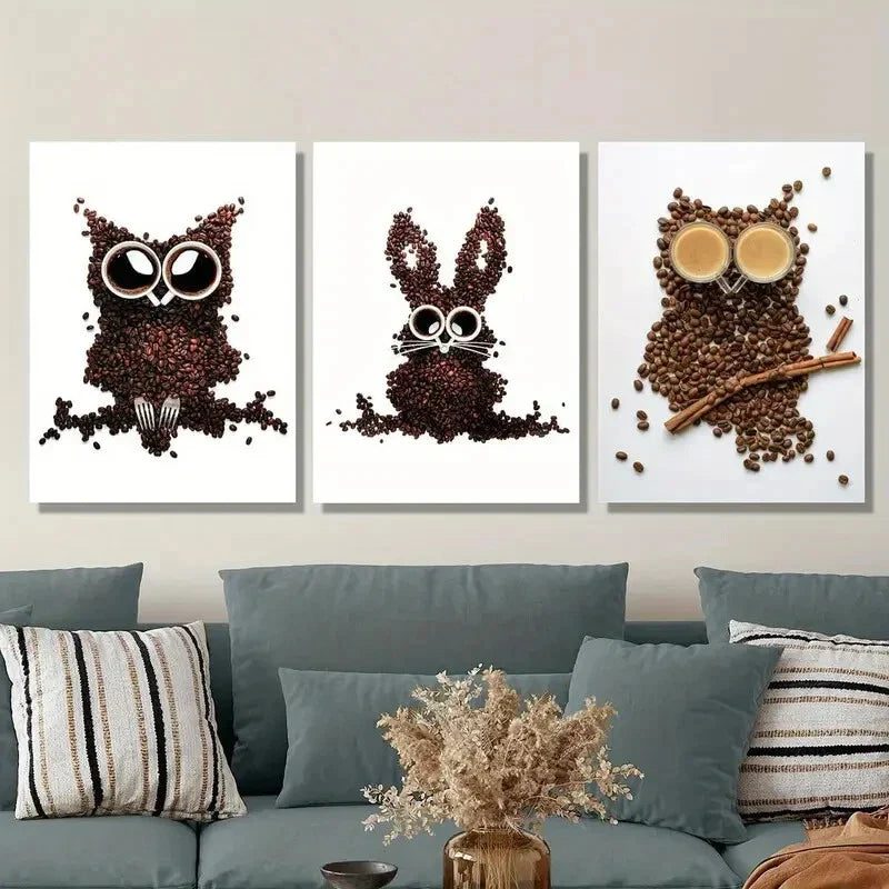 3pcs Owl, Bunny & Rabbit Designs with Coffee Cup Metal Print Ready to Hang Art