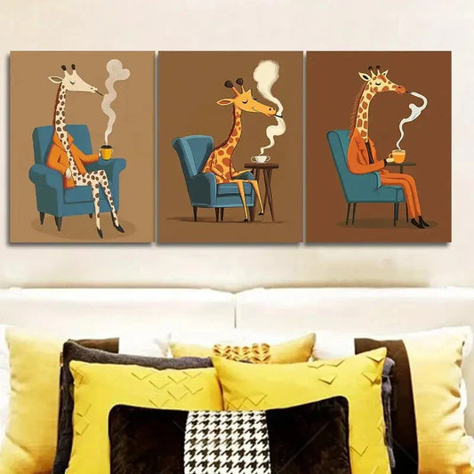 3pcs The giraffe is on the chair Wall Art Set Canvas Framed 40x60cm - High Quality Print 100% Australian Made Wall Canvas Ready to Hang