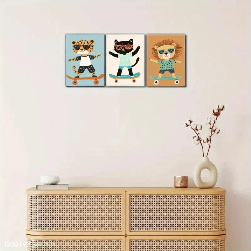 3pcs Animal Portrait art posters Cool Skateboard Metal Print Ready to Hang Art