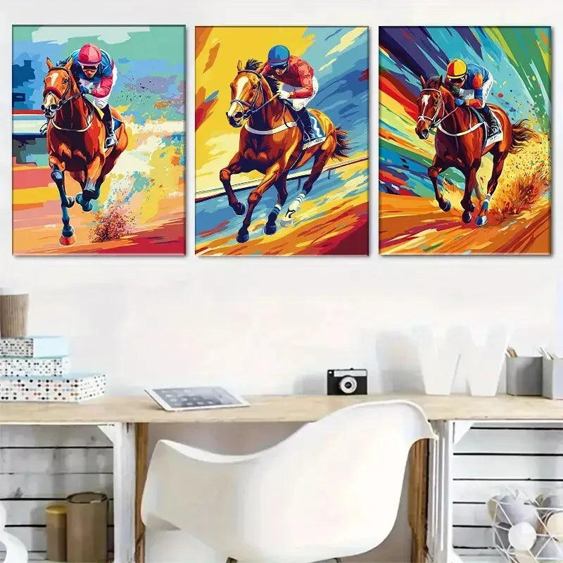 3pcs colorful pop art style Horse Racing Wall Art Set Canvas Framed 40x60cm - High Quality Print 100% Australian Made Wall Canvas Ready to Hang