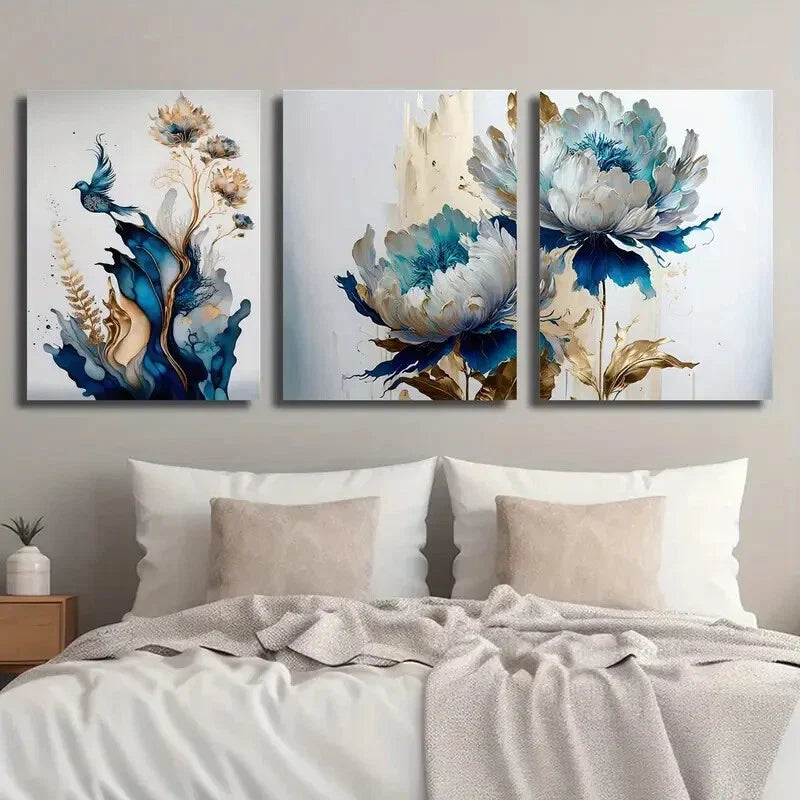 3pcs Blue and Golden Plant Flower Animal Bird Metal Print Ready to Hang Art