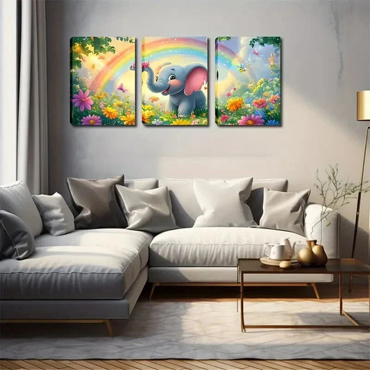 3pcsBaby Elephant and Floral Cartoon Design Wall Art Set Canvas Framed 40x60cm - High Quality Print 100% Australian Made Wall Canvas Ready to Hang