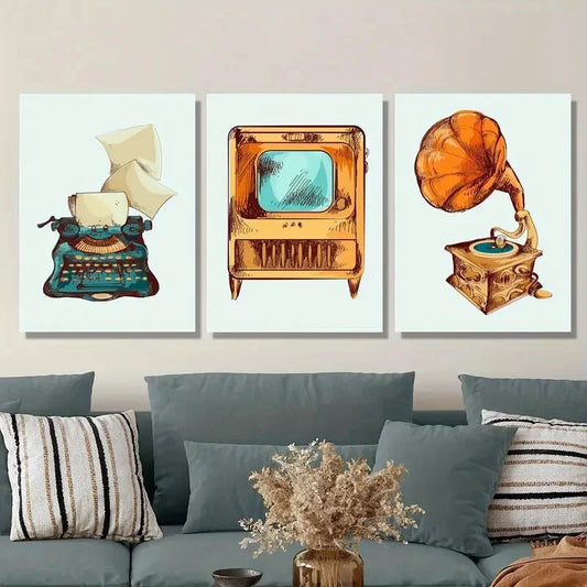 3pcs Old style printer, old TV and music machine Metal Print Ready to Hang Art