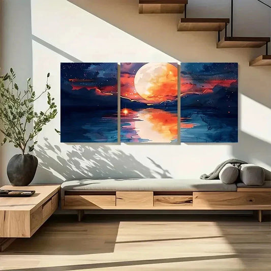 3pcs Vibrant Modern Red Full Moon Rising Metal Print Ready to Hang Art