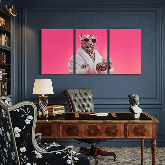 3pcs Artistic Leopard Wearing Fashion Glasses Metal Print Ready to Hang Art