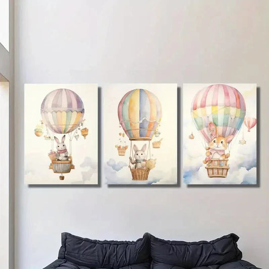 3pcs Cartoon Hot Air Balloon Baby Arctic Hare Wall Art Set Canvas Framed 40x60cm - High Quality Print 100% Australian Made Wall Canvas Ready to Hang