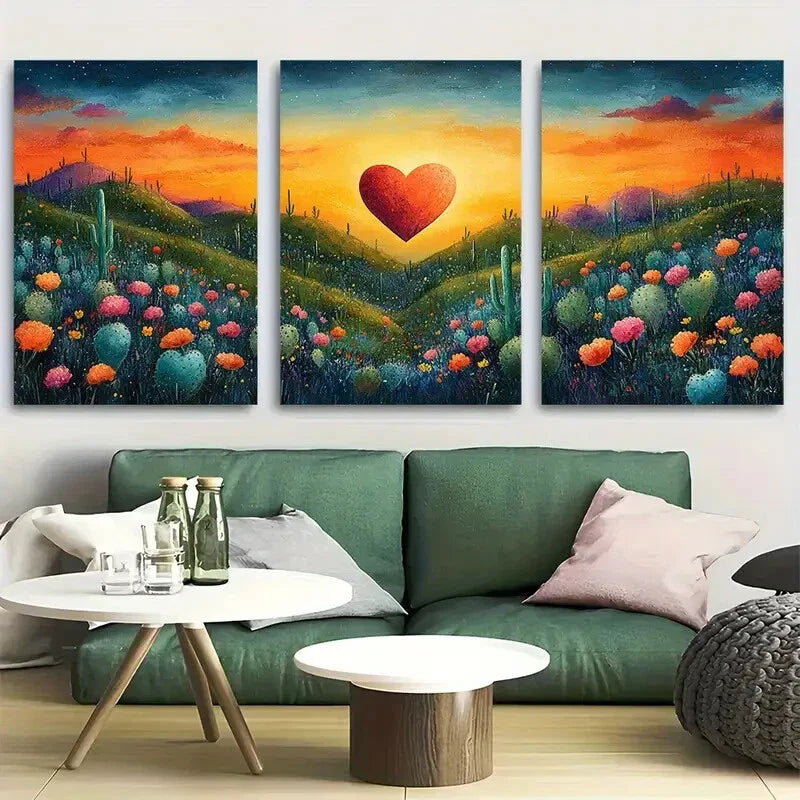 3pcs Vibrant Heart Shaped Cactus Garden Metal Print Ready to Hang Art