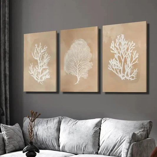 3pcs Beige coral art, seaweed botanical painting Wall Art Set Canvas Framed 40x60cm - High Quality Print 100% Australian Made Wall Canvas Ready to Hang