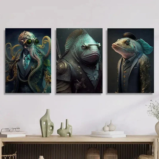 3pcs Steampunk Octopus & Fish Warrior Metal Print Ready to Hang Art