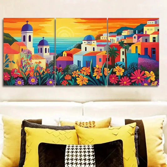 3pcs Greek island style town Wall Art Set Canvas Framed 40x60cm - High Quality Print 100% Australian Made Wall Canvas Ready to Hang