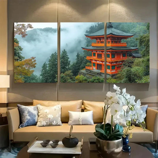 3pcs Tranquil Japanese Pagoda Misty Mountain Metal Print Ready to Hang Art