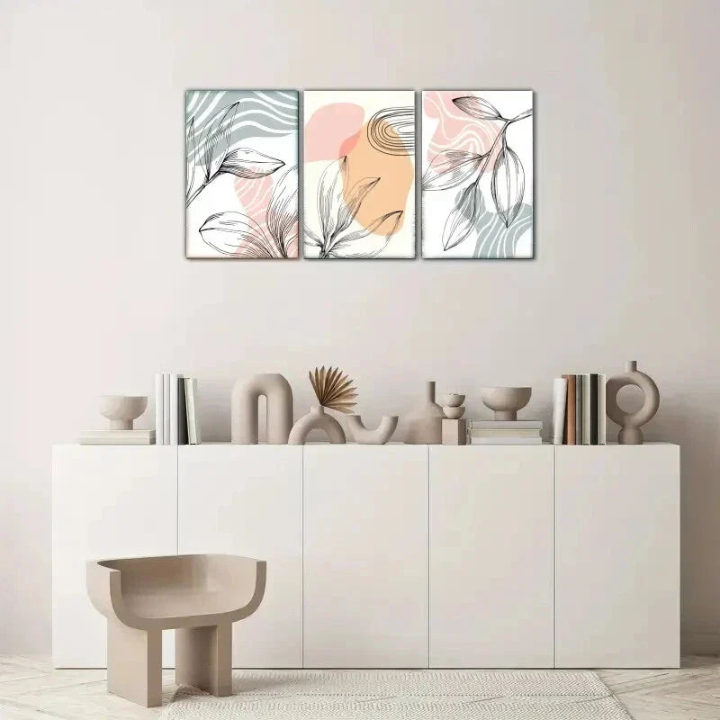 3pcs Line Leaves Decorative Poster Minimalist Metal Print Ready to Hang Art