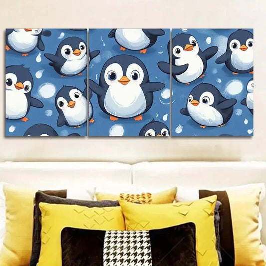 3pcs Cute Penguin Design Wall Art Set Canvas Framed 40x60cm - High Quality Print 100% Australian Made Wall Canvas Ready to Hang