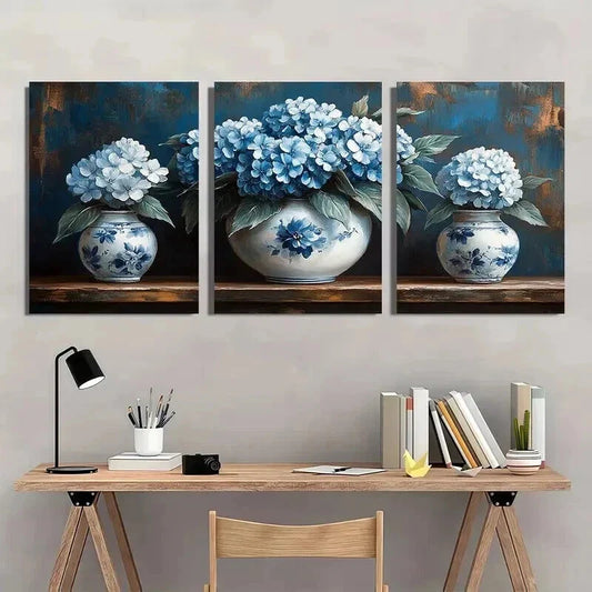 3pcs Elegant Vintage Blue & White Floral Wall Art Set Canvas Framed 40x60cm - High Quality Print 100% Australian Made Wall Canvas Ready to Hang