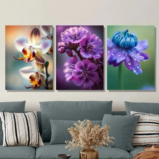 3pcs Orchid, Purple & Blue Flowers plant Metal Print Ready to Hang Art