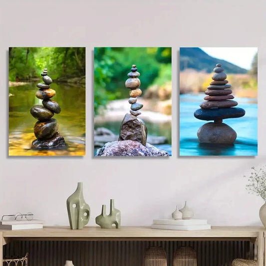 3pcs Stones Balanced on a Beach, Metal Print Ready to Hang Art