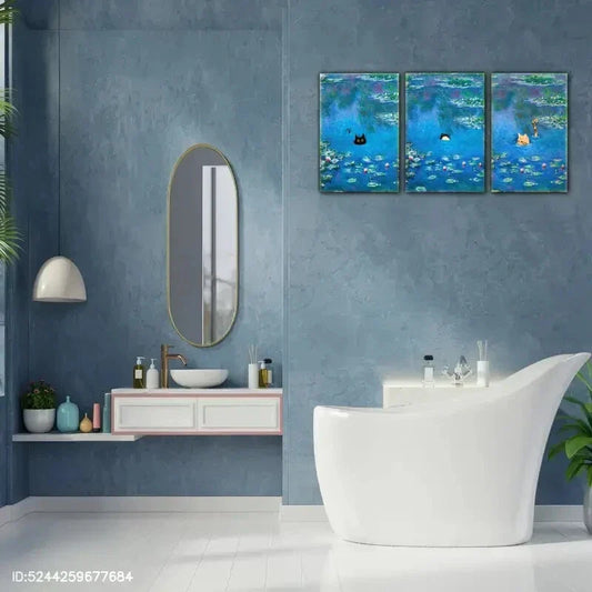 3pcs Cat and Frog in for Lotus Pond Decorative Metal Print Ready to Hang Art