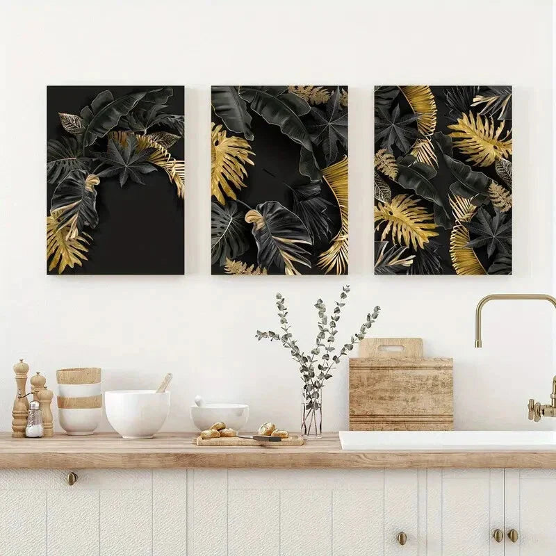 3pcs Golden Tropical Botanical Metal Print Ready to Hang Art