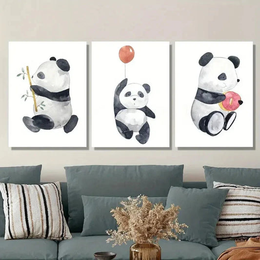 3pcs Adorable Cartoon Panda with Bamboo, Balloon Metal Print Ready to Hang Art