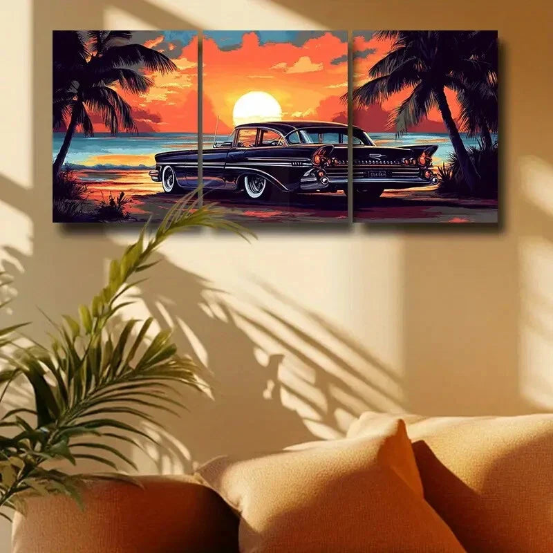 3pcs Classic Car, Palm Trees & Sunset Beach Scene Metal Print Ready to Hang Art