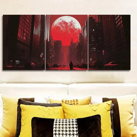3pcs The Moon Over the City Wall Art Set Canvas Framed 40x60cm - High Quality Print 100% Australian Made Wall Canvas Ready to Hang