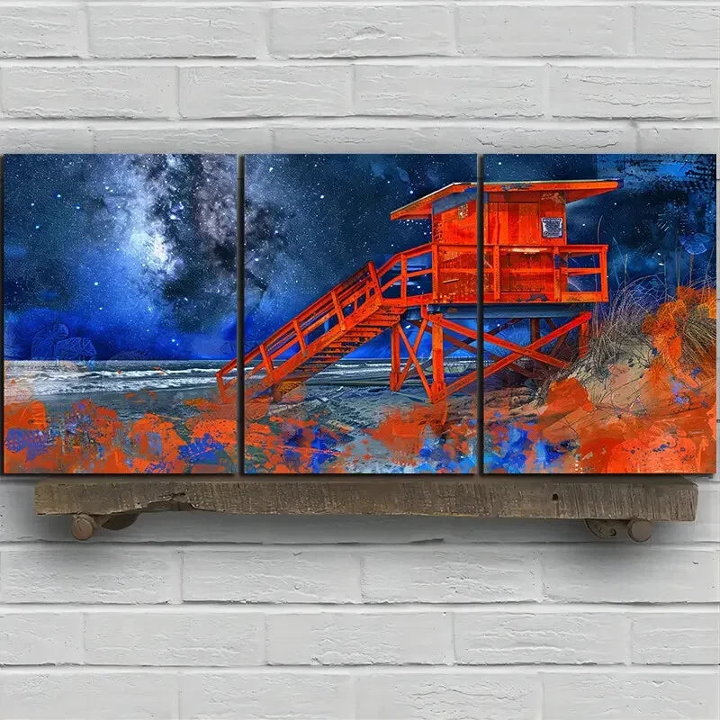 3pcs Beach Orange Wood House Night Sky Metal Print Ready to Hang Art