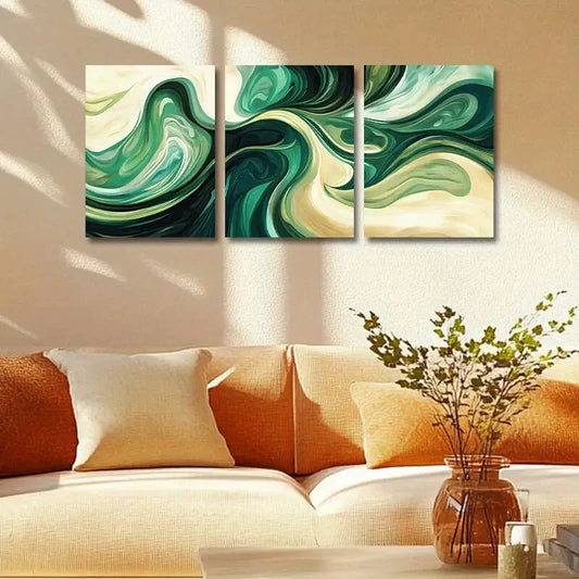 3pcs Modern Green Pigment Vortex Design Metal Print Ready to Hang Art