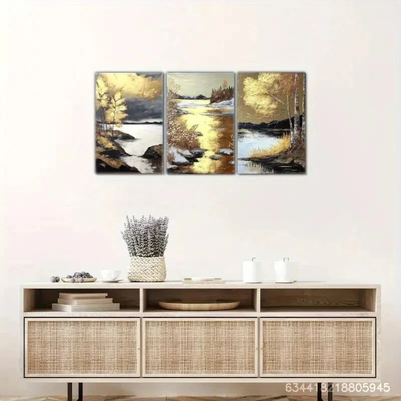 3pcs Golden Shine, Golden Birch And Golden Beauty Metal Print Ready to Hang Art