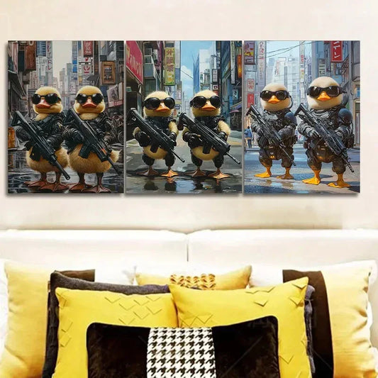 3pcs Two cute baby ducks in cyberpunk armor Wall Art Set Canvas Framed 40x60cm - High Quality Print 100% Australian Made Wall Canvas Ready to Hang