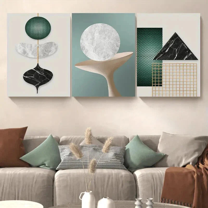 3pcs Abstract Geometric Green Black Metal Print Ready to Hang Art