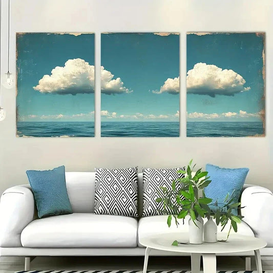 3pcs Distressed Blue Sky & Fluffy Clouds Metal Print Ready to Hang Art