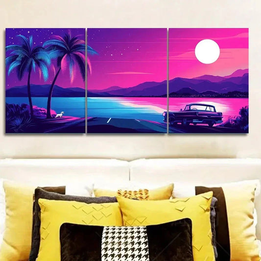 3pcs Miami Beach Sunset with Palm Trees Wall Art Set Canvas Framed 40x60cm - High Quality Print 100% Australian Made Wall Canvas Ready to Hang