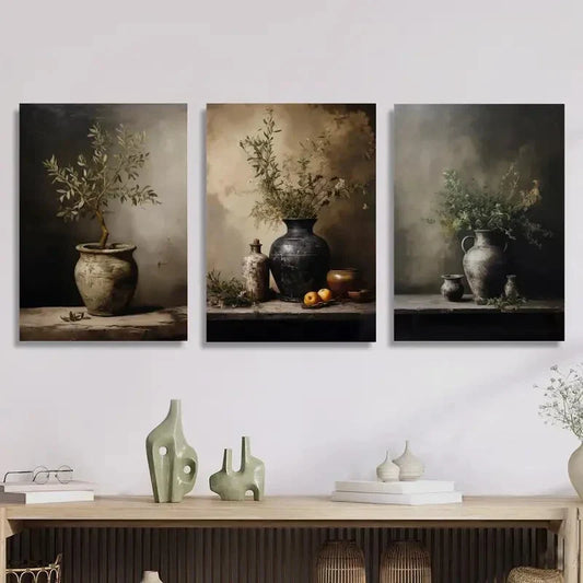 3pcs ,vintage still life art, vintage olive plant Metal Print Ready to Hang Art